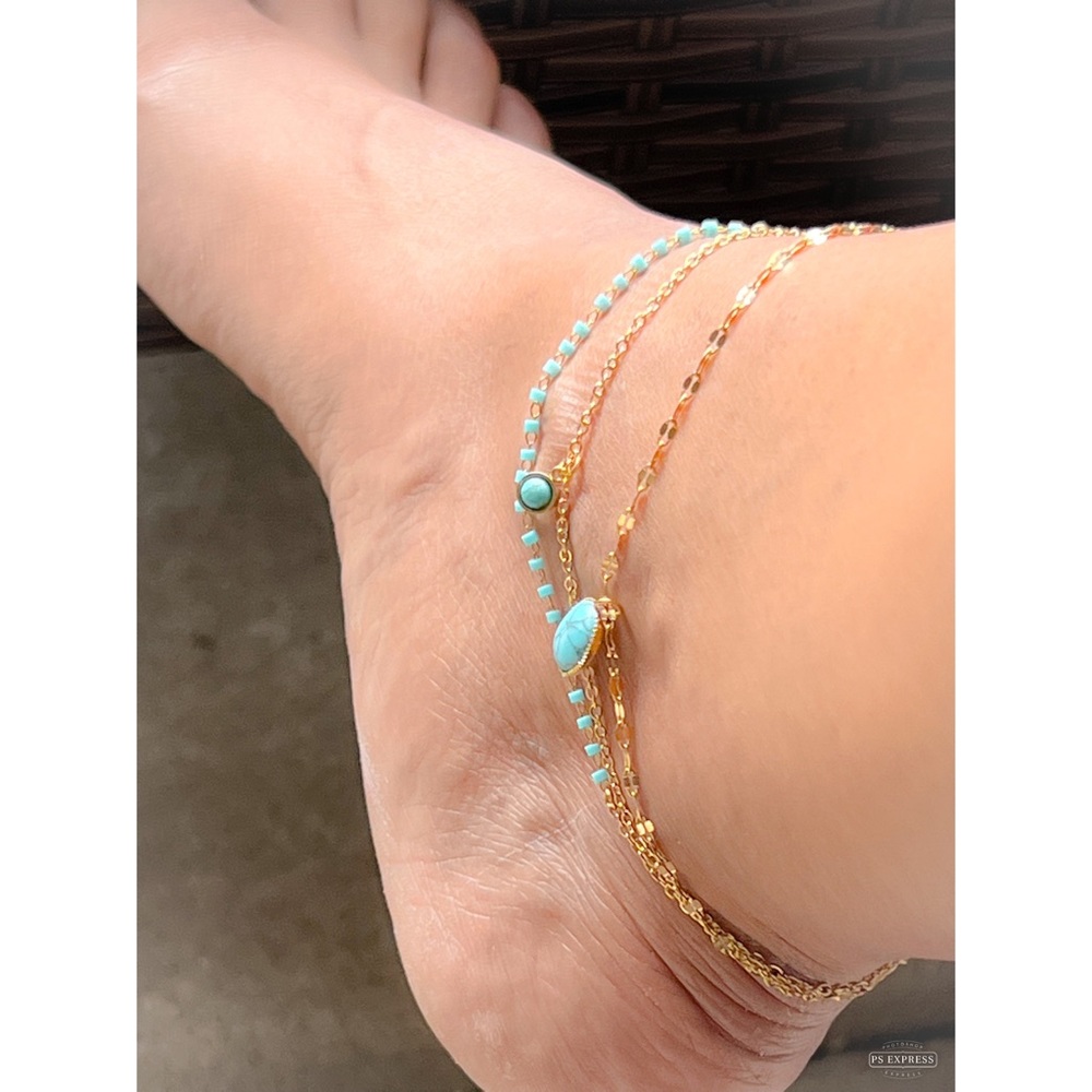 Triple Anklet stainless Steel Chain Turquoise Woman’s